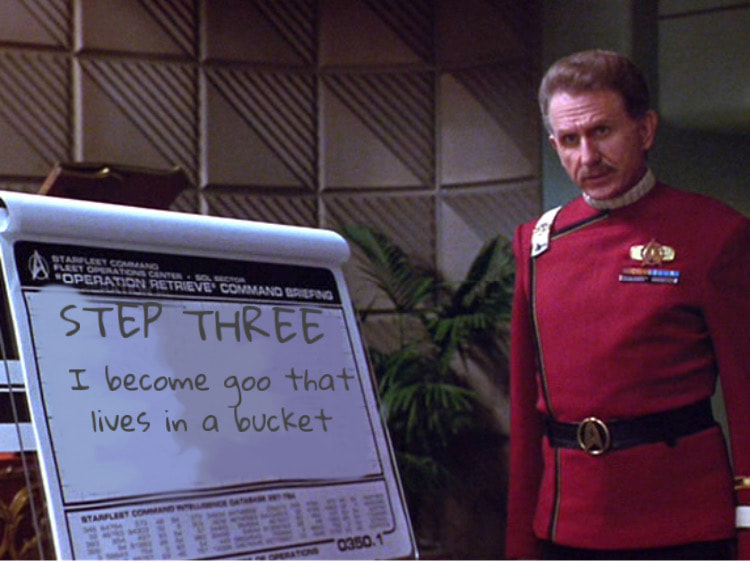 This meme is a humorous image of William Shatner's character, James T. Kirk, from the Star Trek franchise. The image shows Kirk standing in front of a Starfleet briefing board with a sign that reads "I'm not going to sit down, I'm going to die on my feet!" However, the image has been altered to show Kirk standing in front of a sign that says "I am going to die on my feet... but first, I'm going to sit down for a snack."
